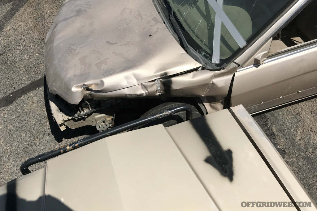 The frame rail, indicated by the arrow, was lined up with the block vehicle's axle.