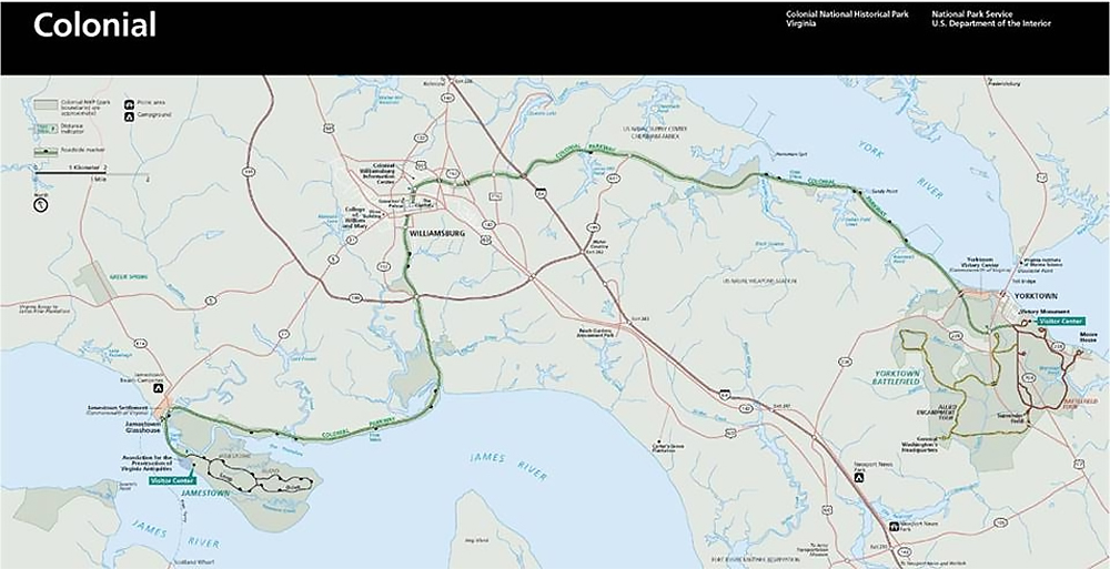 A map of the Colonial Parkway route from Yorktown (left) to Jamestown (right).
