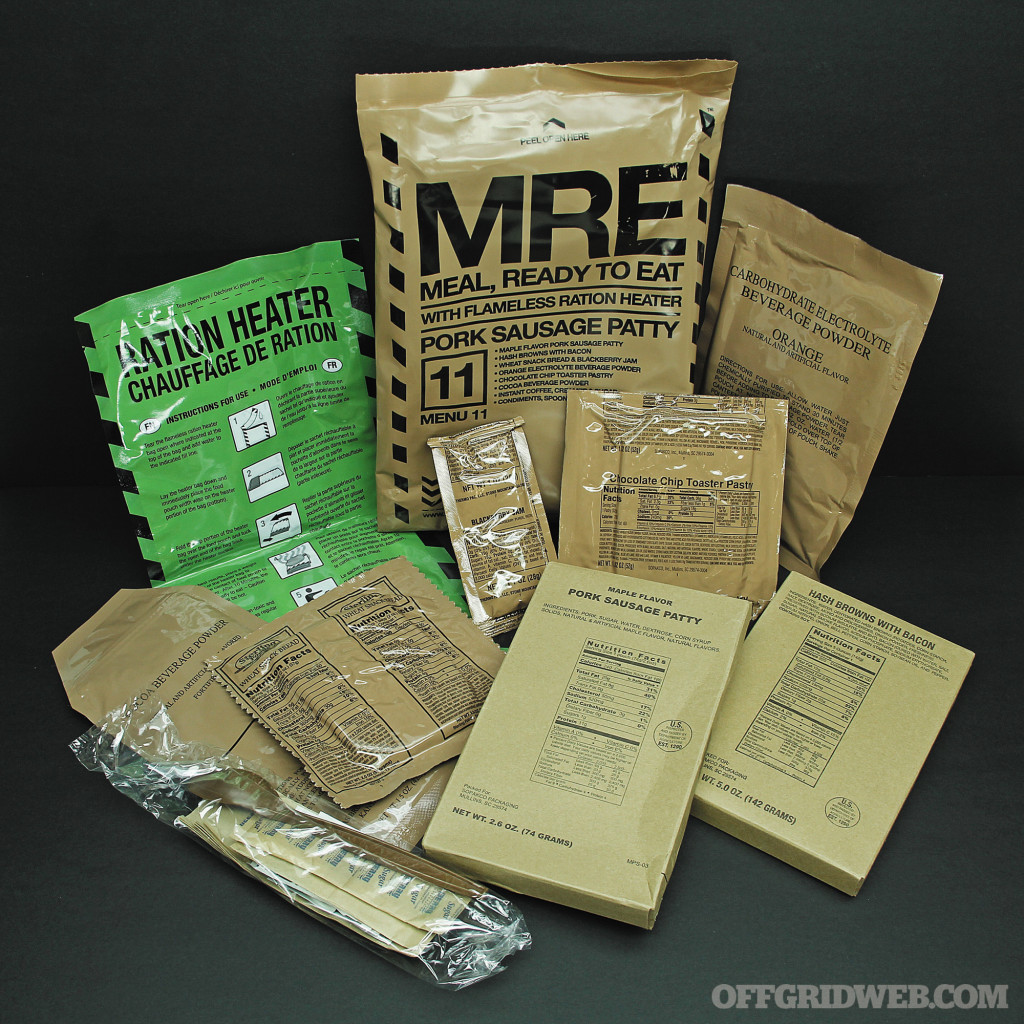 Photo of the contents of an MRE, meal ready to eat.