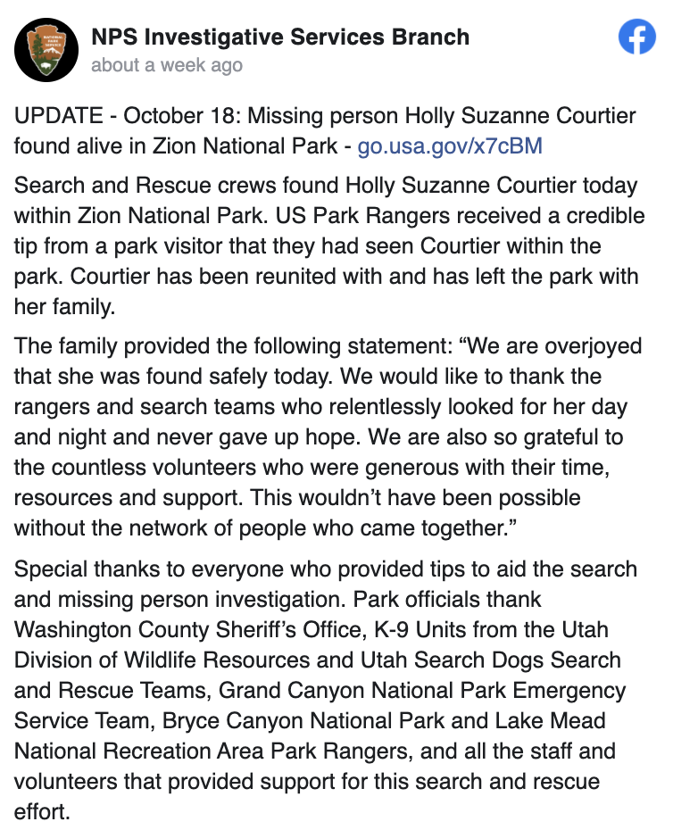 Facebook update from the National Park Service regarding missing hiker Holly Courtier.
