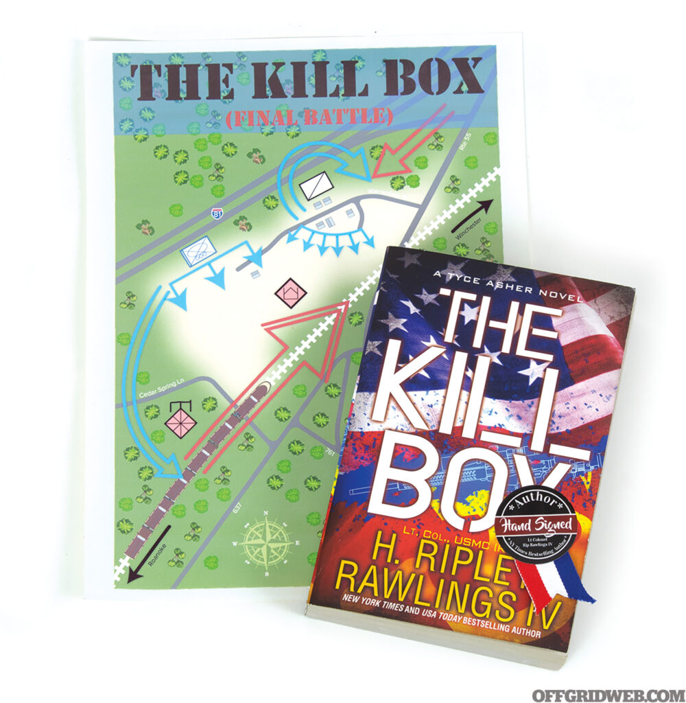 Studio photo of H. Ripley Rawlings book, The Kill Box, with an illustrated map of battle maneuvers in the background. Featured in the Gear Up column in Issue 55 of Recoil Offgrid.