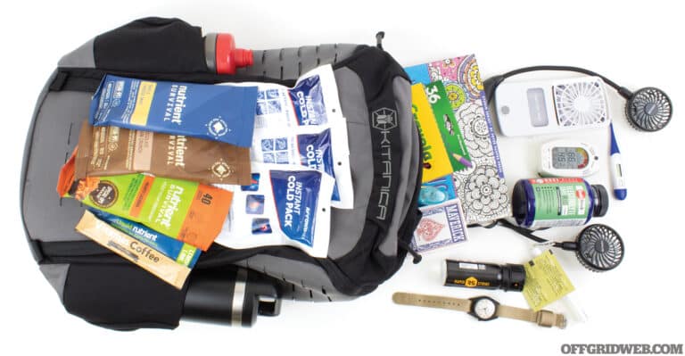 Photo of Kitanica's Vespid backpack loaded up with items that would be useful during a hot weather, or grid down scenario.