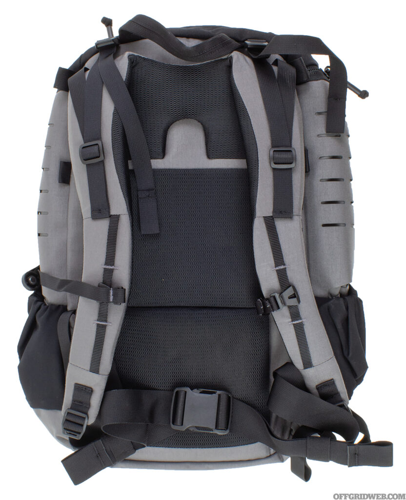 Photo of the front of the Kitanica Vespid backpack, displaying the shoulder strap design of the pack. The padding of the straps is covered in a skin cooling mesh, perfect for hot weather.