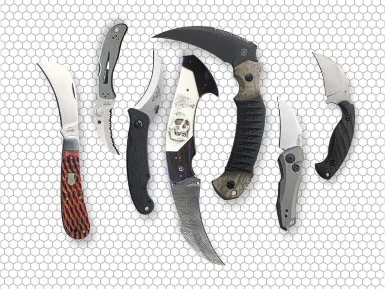 Studio photo of the knives featured in the article from left to right: Boker hawkbill, Spyderco Harpy, Emerson Elvia, Reese Weiland Rastor, Bastinelli Grumpy, Kershaw Launch 10, and the Toor Karsumba.