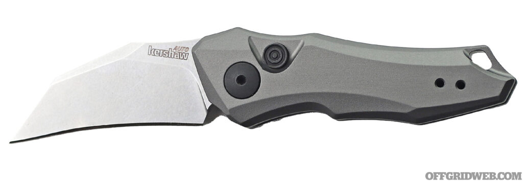 Studio photo of a Kershaw Launch 10 hawkbill blade in the open position.