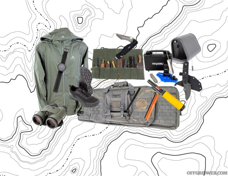 Collage of 12 survival items on a black and white topographical background.