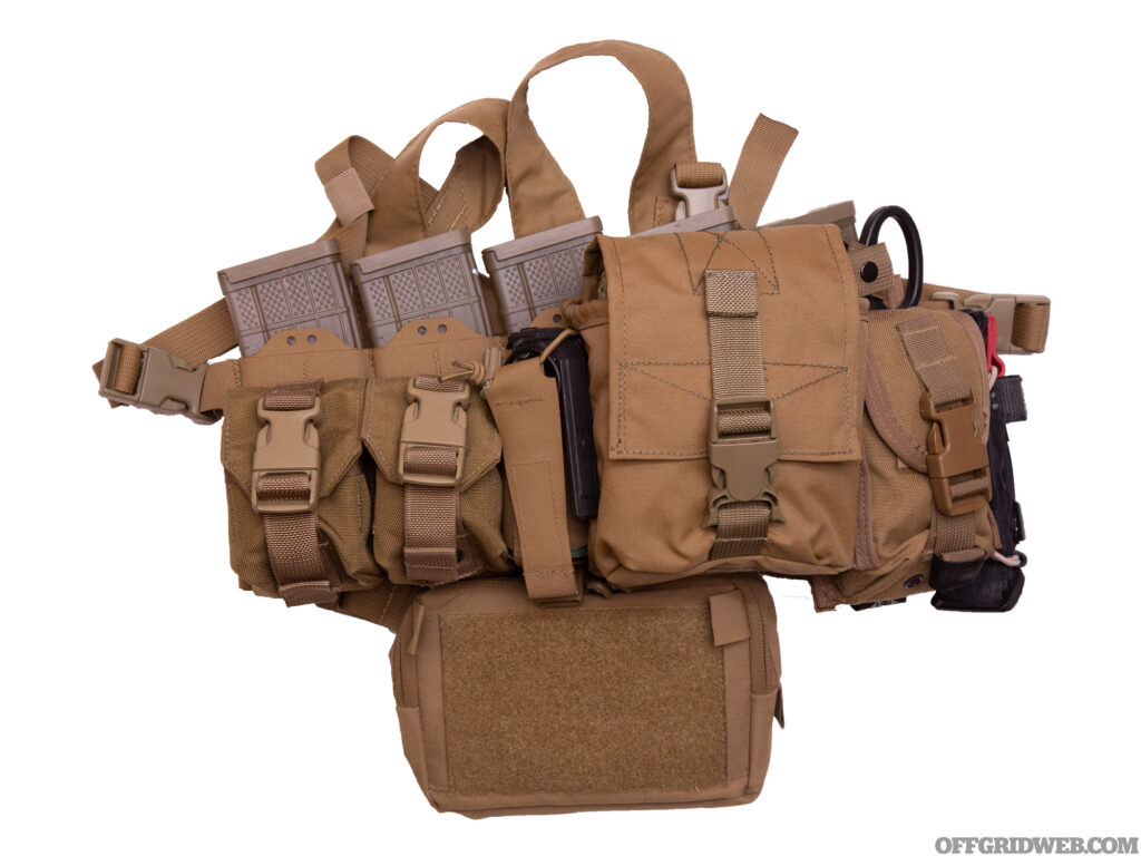Studio photo of the Parashooter Pathfinder chest rig fully loaded with drop pouch.