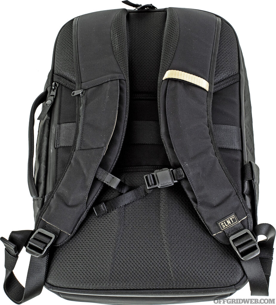 Studio photo of the pack straps and padding on the SLNT E3 Faraday Backpack.