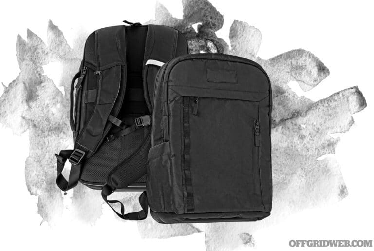 Studio photo of the front and back of the SLNT E3 Faraday Backpack.