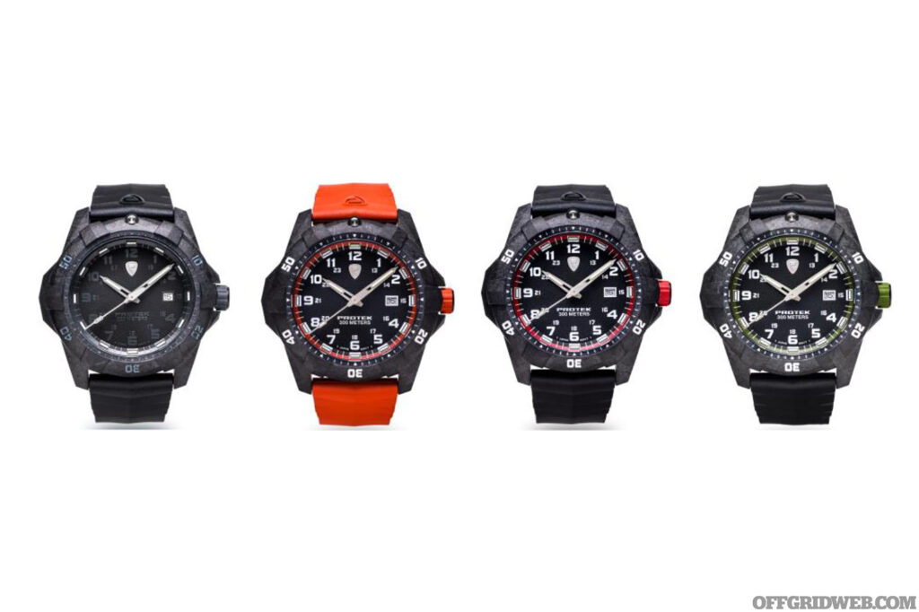 Studio photo of four ProTek watches with different strap colors.