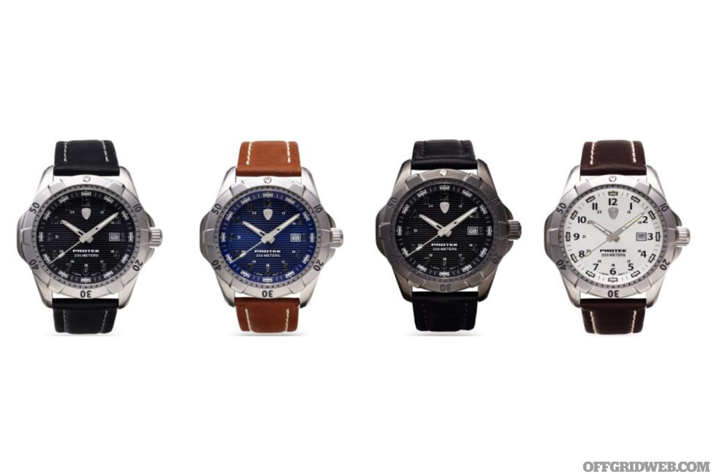 Studio photo of four ProTek Watches, the Gents Steel Dive 2000 series.