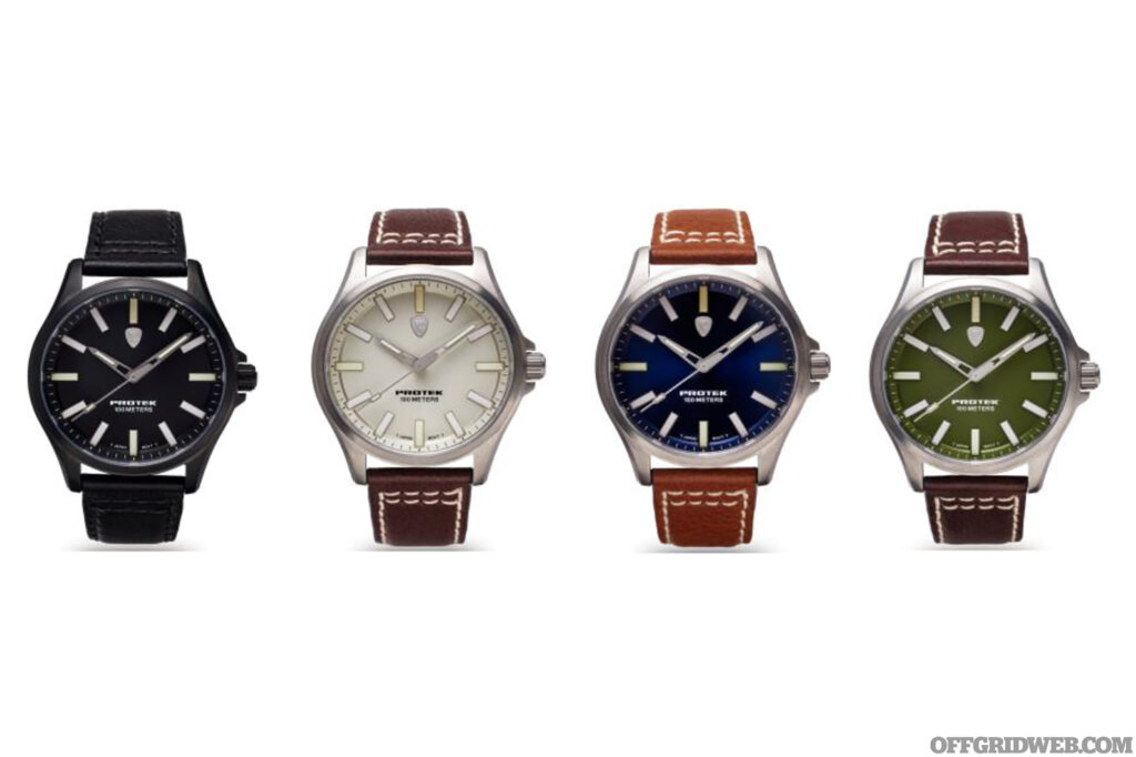 Studio photo of four ProTek watches, the Titanium Field 3000 series.