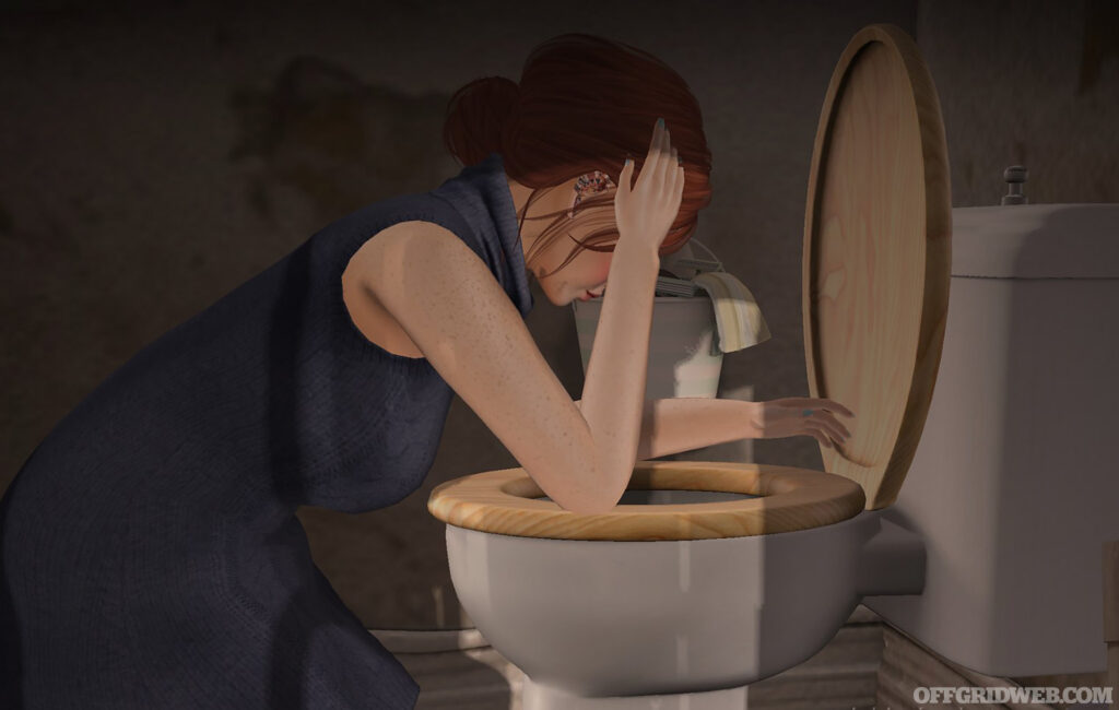 Illustration of a woman feeling sick and overing over a toilet bowl.