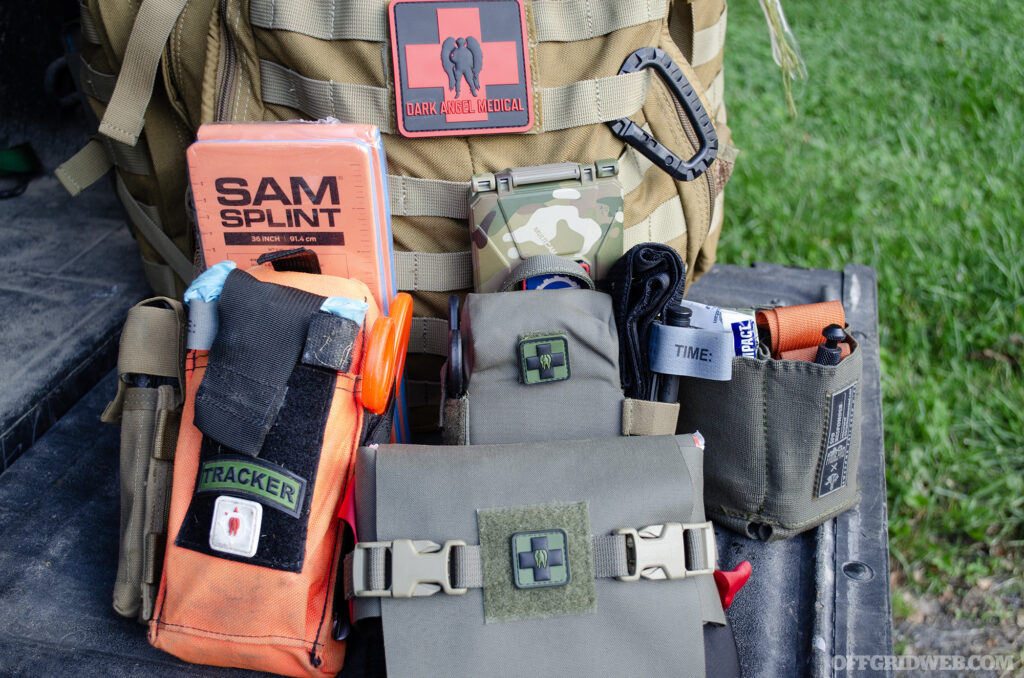 Photo of the contents of medical supplies for a bug out bag.