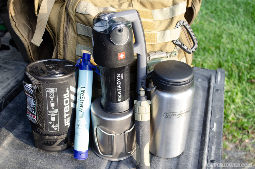 Photo of contents of a bug out bag that pertain to drinking water.