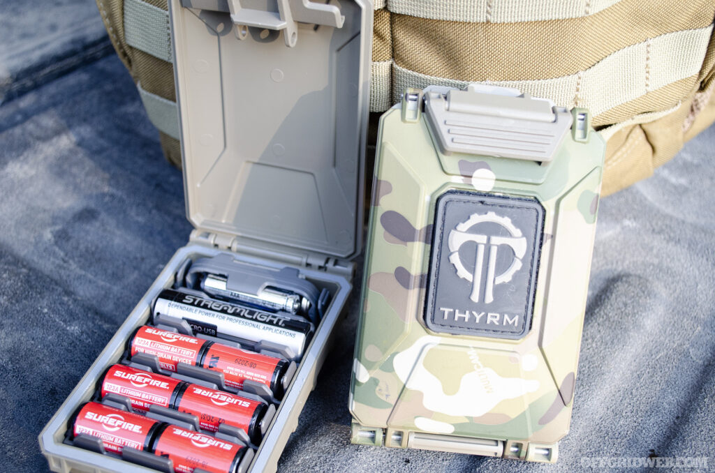 Photo of a Thyrm battery case used to store specialized batteries in a bug out bag.