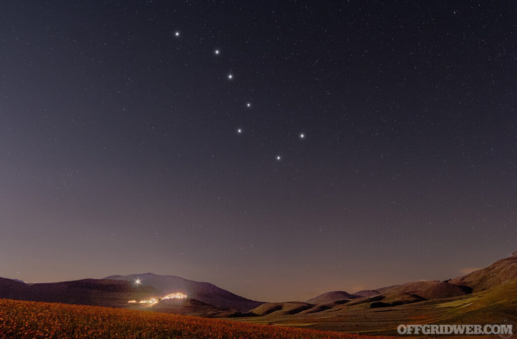 Photo of the big dipper in the northern hemisphere. Stars can be a method of navigating without tools.