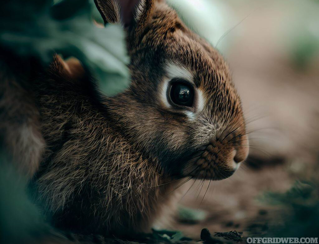 Photo of a rabbit staying very still underneath vegetation to avoid notice from predators.