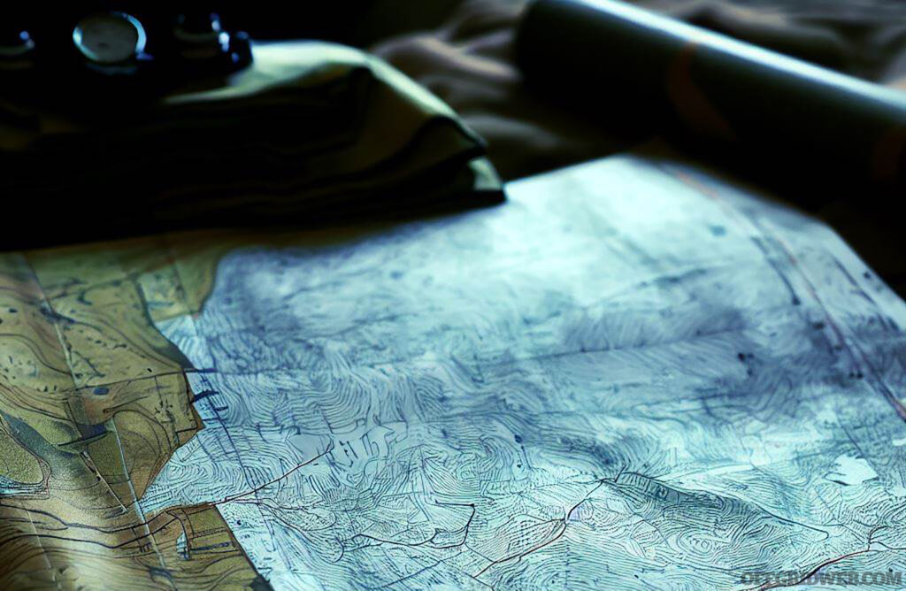 Photo of a topographic map being analyzed for wilderness navigation.