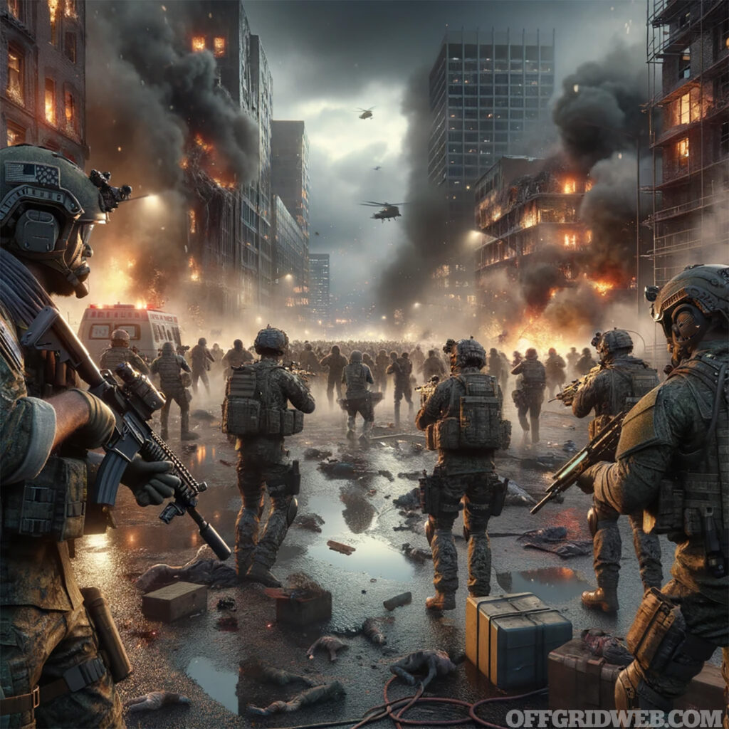 AI generated photo of a military fighting a zombie horde in a city.