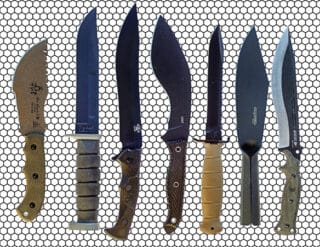 Photo of seven camp and field knives on a black and white hex background.