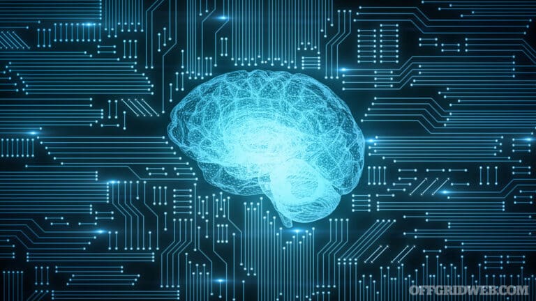 Illustration of a blue profile of a brain embedded on a blue circuit board.