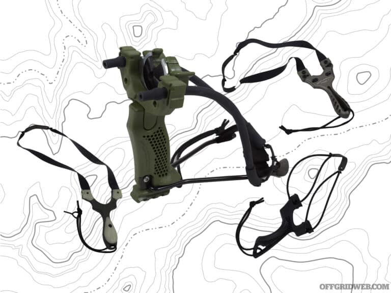 Collection of four Simpleshot slingshots ona topographical background.