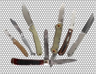 Seven slip joint knives displayed on a black and white hex background.