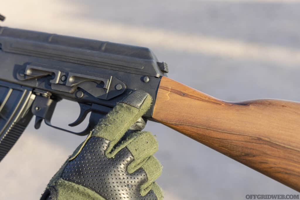 At the end of the range session, we noticed one edge of the wood stock was starting to crack. The stock isn’t loose at all, so it’s solely cosmetic.