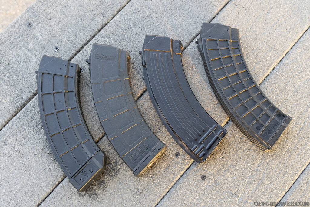 We tested our WASR with four magazines. From left to right: US PALM, Magpul, Bulgarian steel, and XTech.