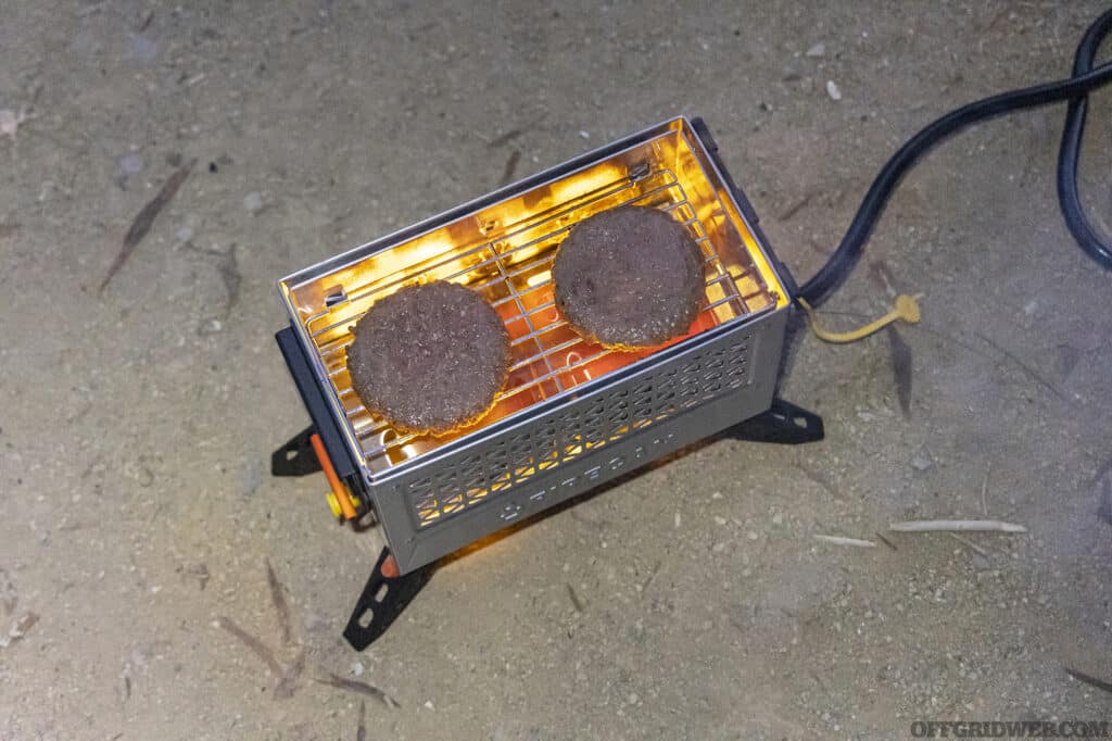 The size of this grill is ideal for two burger patties. If you’re making cheeseburgers, drop the FireCan’s lid back on to trap the heat and melt the cheese slices faster.