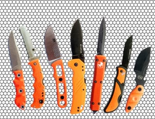 Featured image of orange handled knives on a hex background.