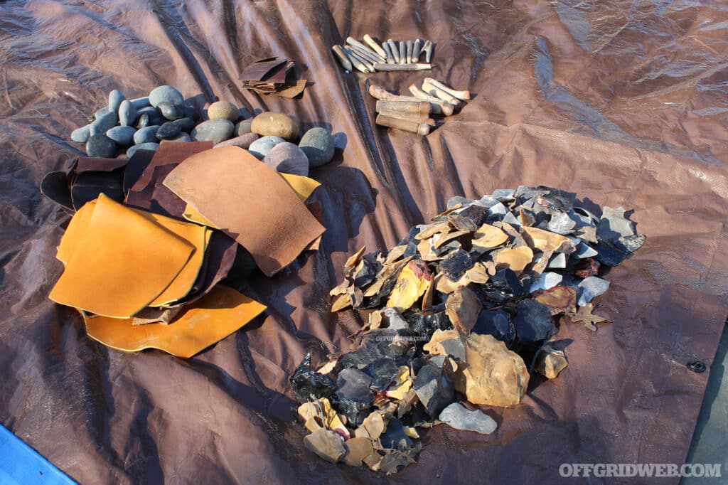 Photo of arrowhead making materials used during the primitive wilderness survival class.