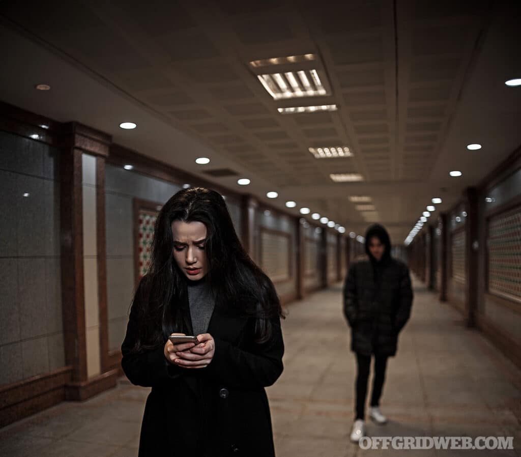 A young beautiful woman walks at night, followed by a man in dark clothes with a hood on his head. mosaics on the walls are not someone's works of art.these are walls in Underpass in an Oriental style.