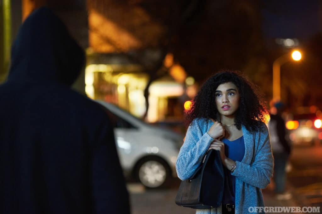 Cropped shot of a frightened young woman being targeted by a thief.