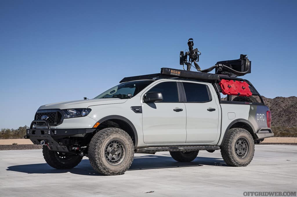 Side profile of a ford ranger with a Dillon Aero minigun mounted to the top.