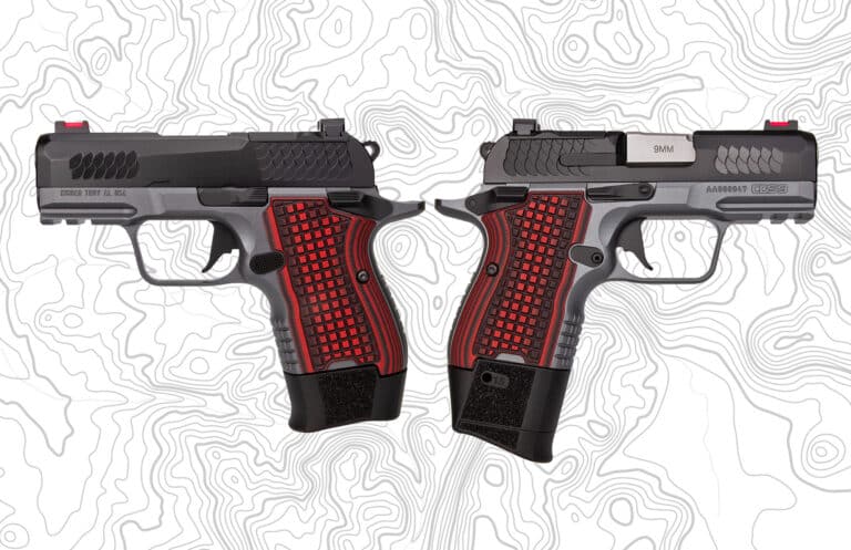 Two kimber cds9's back to back on a topographic background.