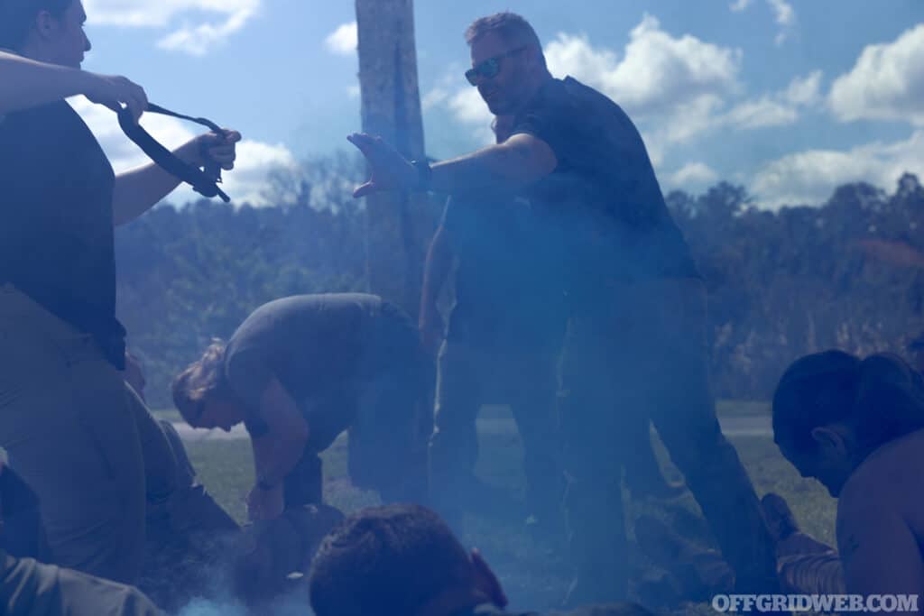 While obscured by blue smoke, participants needed to stabilize life-threatening wounds before moving their patients to a safer location.