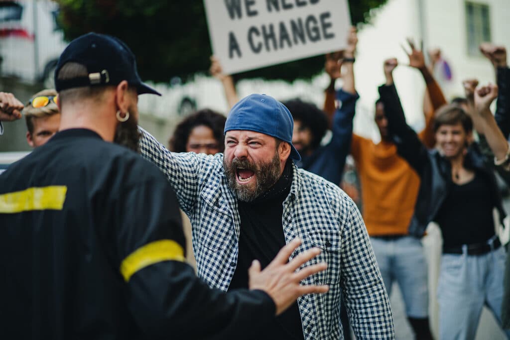 a heated argument during a protest
