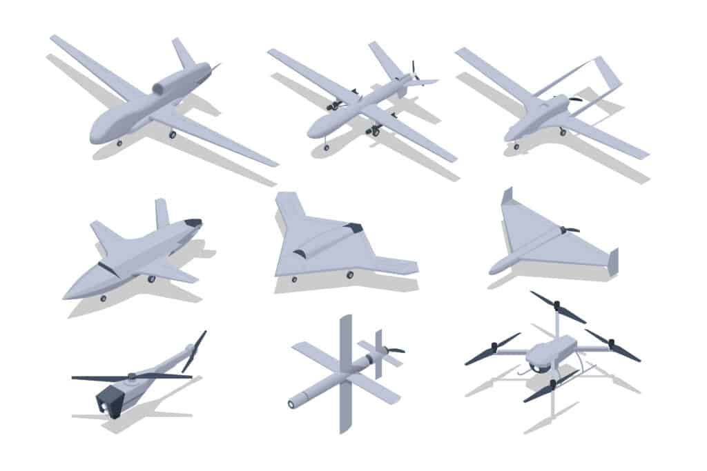 Isometric loitering munition. Kamikaze Drones Attack. Unmanned military technology. Military Drone isolated on white background.