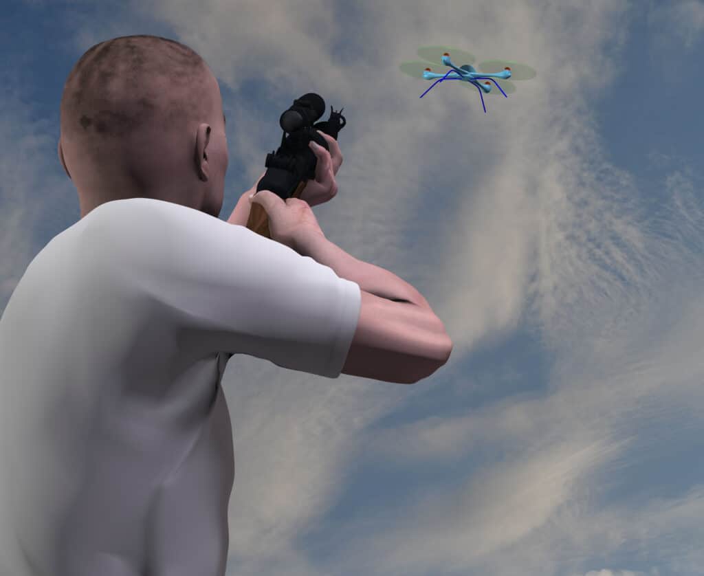 a rendering of a man taking aim at a drone
