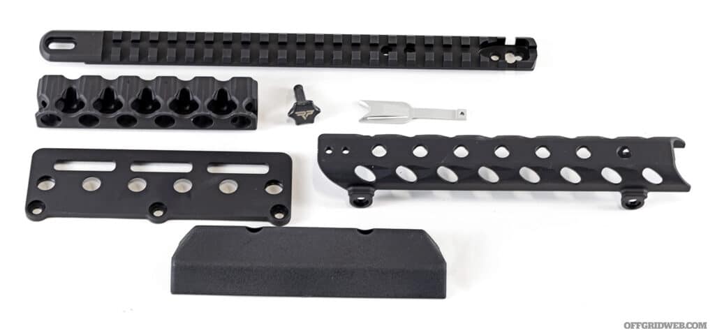 tool-less takedown screw, M-LOK six-round .44 Mag, M-LOK buttstock panel, Flyweight Loading Gate.